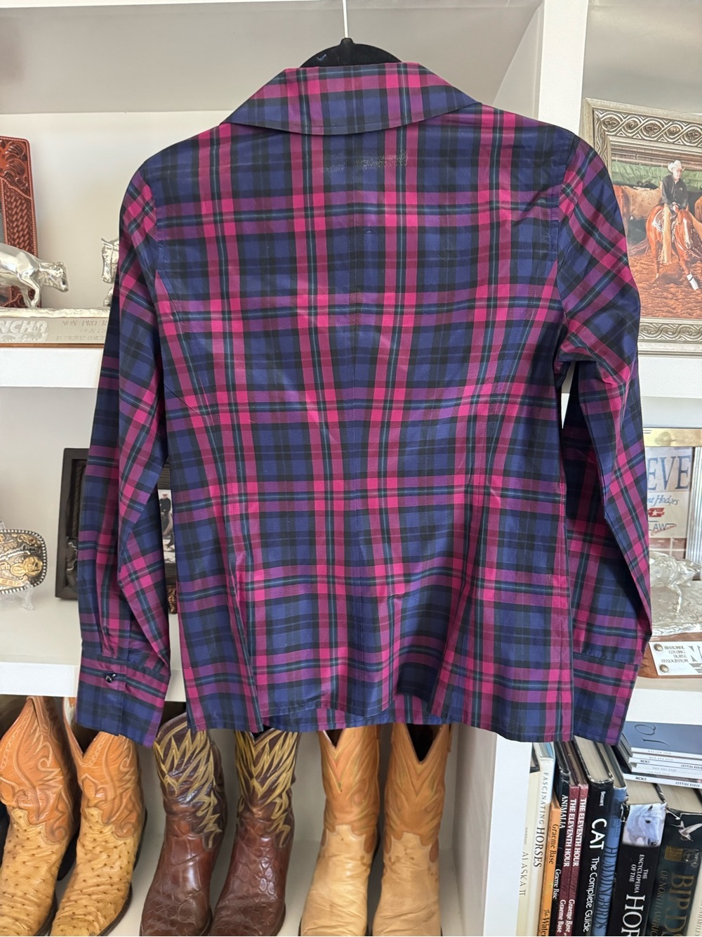 Talbots Pink and Navy Plaid Wrap-Front Button-Down Shirt - Picture 2 of 6